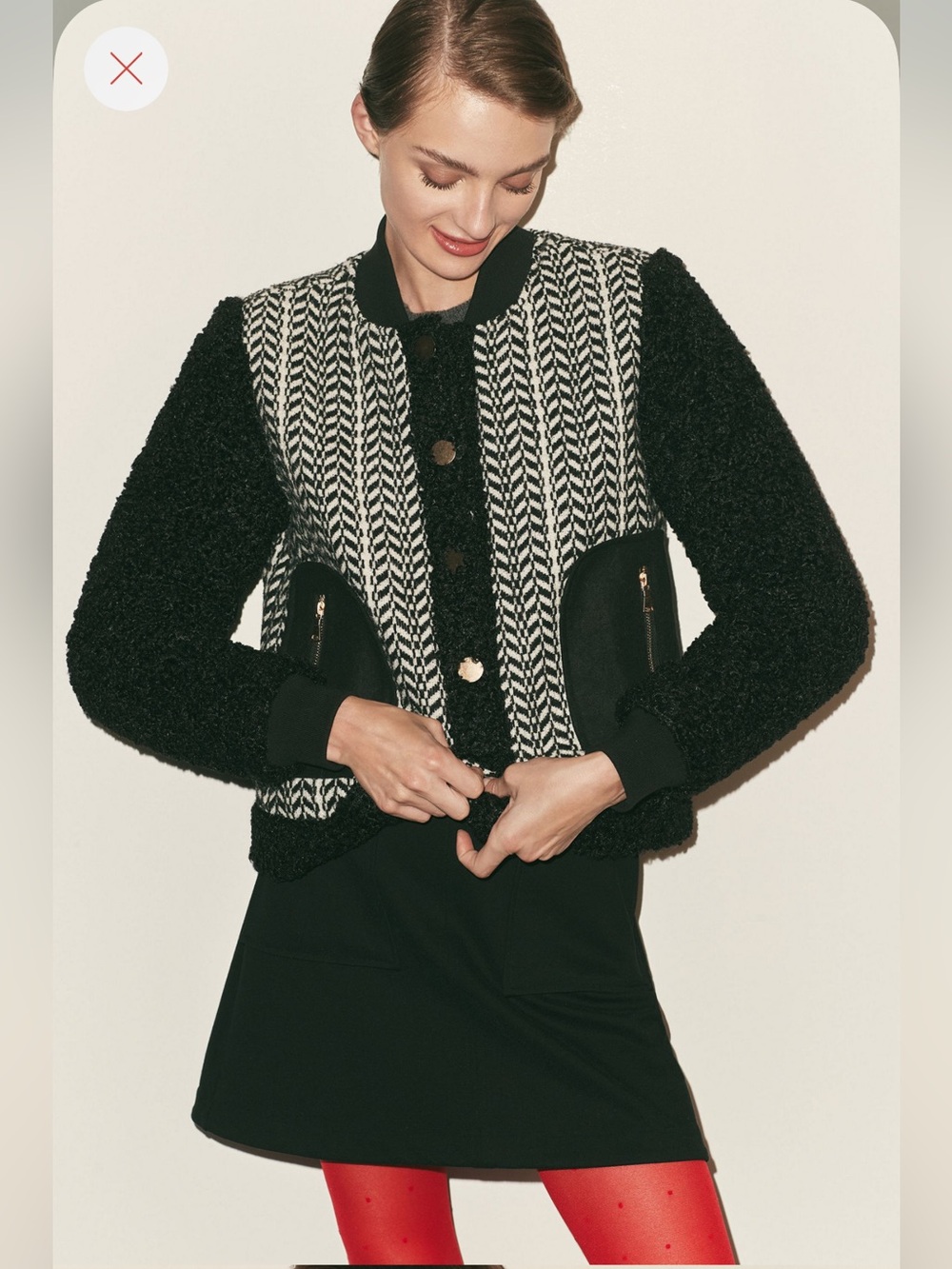 Anthropologie Avec Les Filles Tweed Sherpa Jacket Black&White Herringbone Bomber